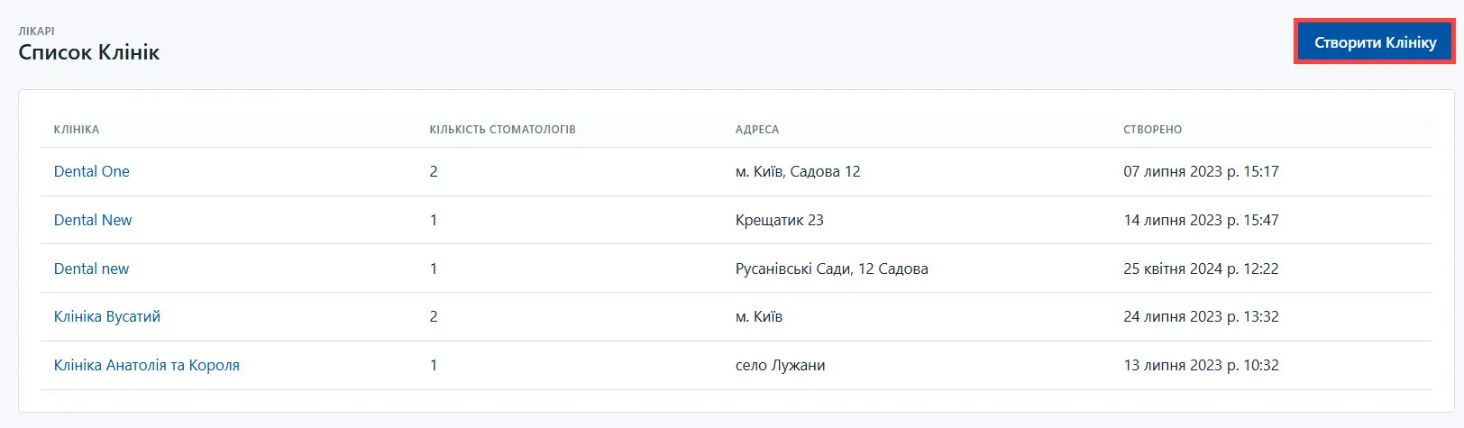 Кнопка Створити клініку