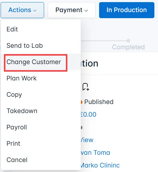 Select Change Customer from the list