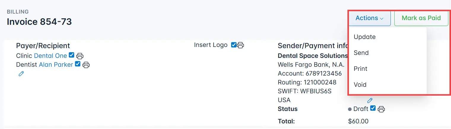 Actions with Invoices