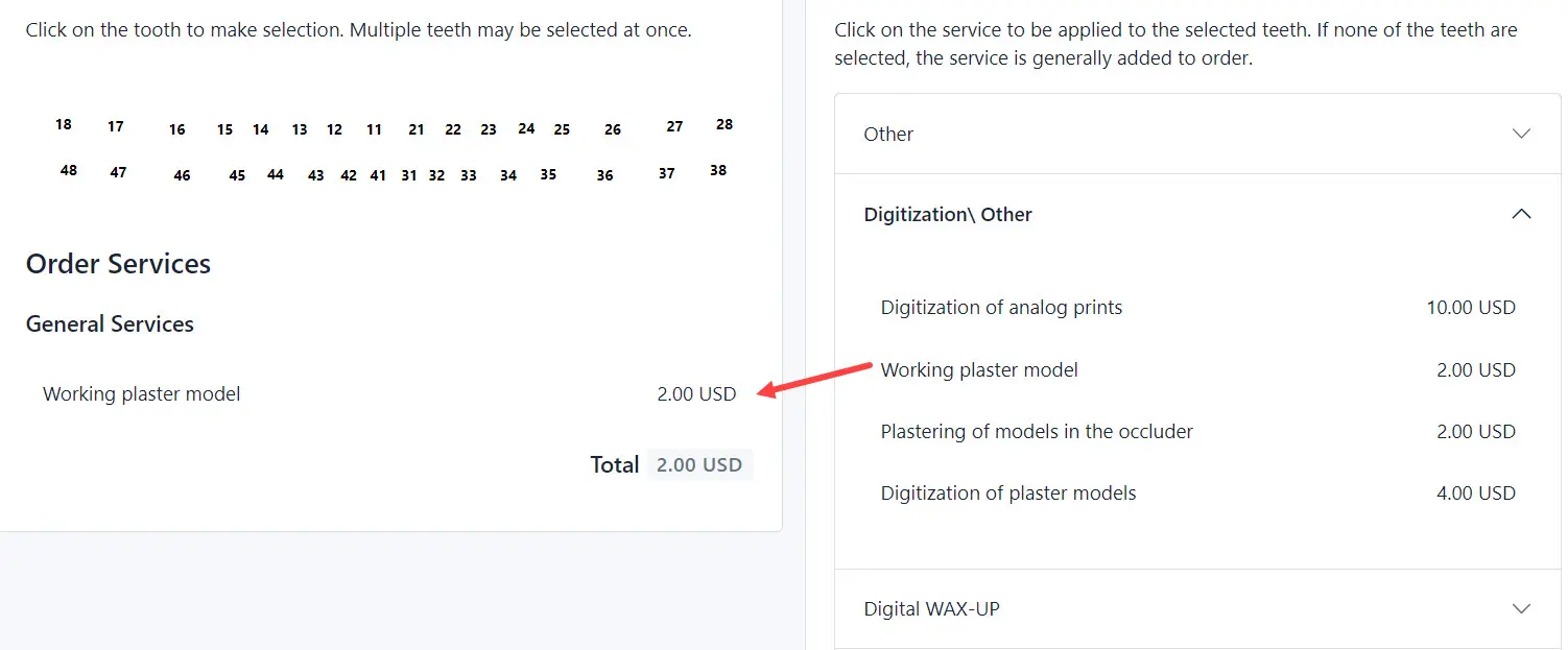 Select services without teeth selection